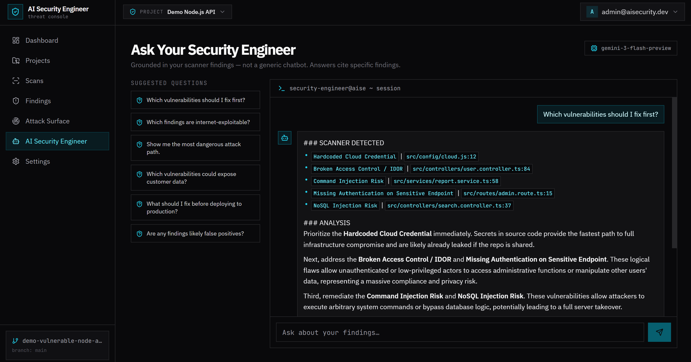 Ask Your Security Engineer chat interface answering "Which vulnerabilities should I fix first?" with an AI response that cites specific findings by name and file path and explains the reasoning behind the prioritization
