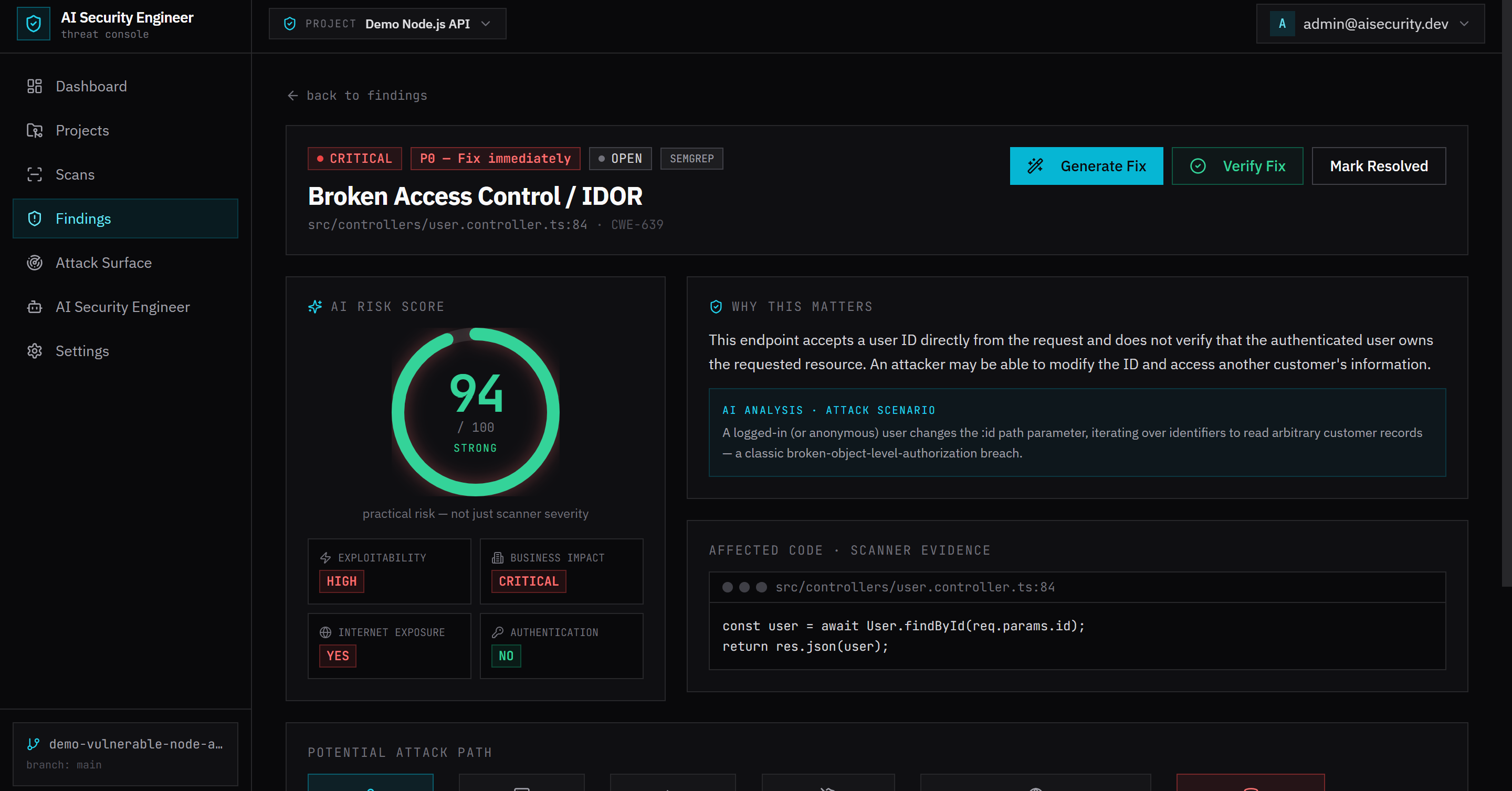 Finding detail page for a Broken Access Control / IDOR vulnerability, showing an AI risk score, exploitability and business impact tags, a plain-language explanation of why it matters, an AI-generated attack scenario, the affected code, and Generate Fix, Verify Fix and Mark Resolved actions