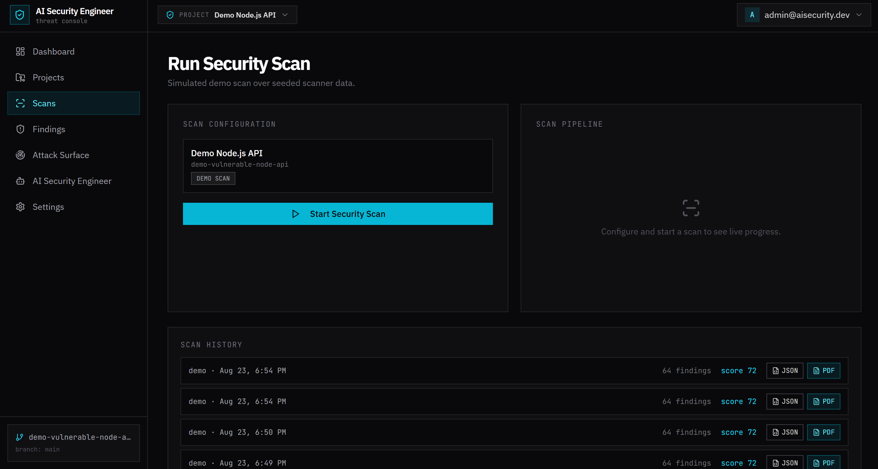 Scans page showing a scan configuration panel, a live scan pipeline view, and scan history with timestamps, finding counts, security scores, and JSON/PDF export options